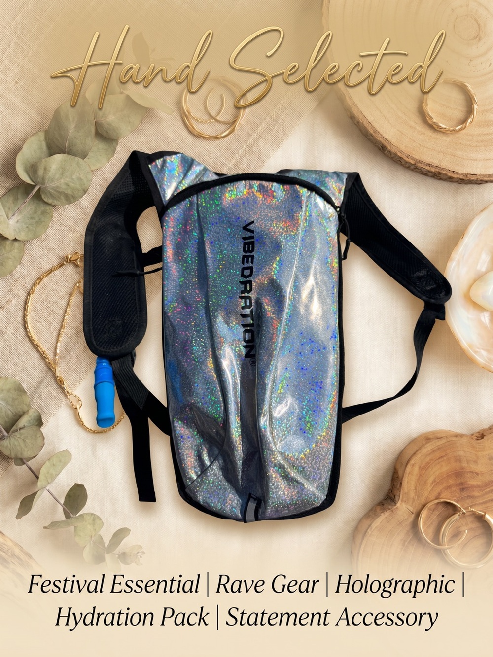 Vibedration Holographic Silver Hydration Pack Festival Rave Backpack w/ Bladder